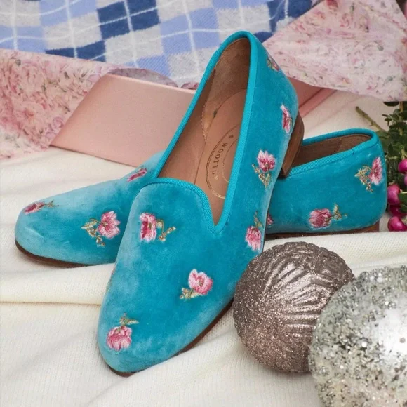 LoveShackFancy x Stubbs and Wootton Roses Slipper in Turquoise Blue Velvet - Picture 5 of 17
